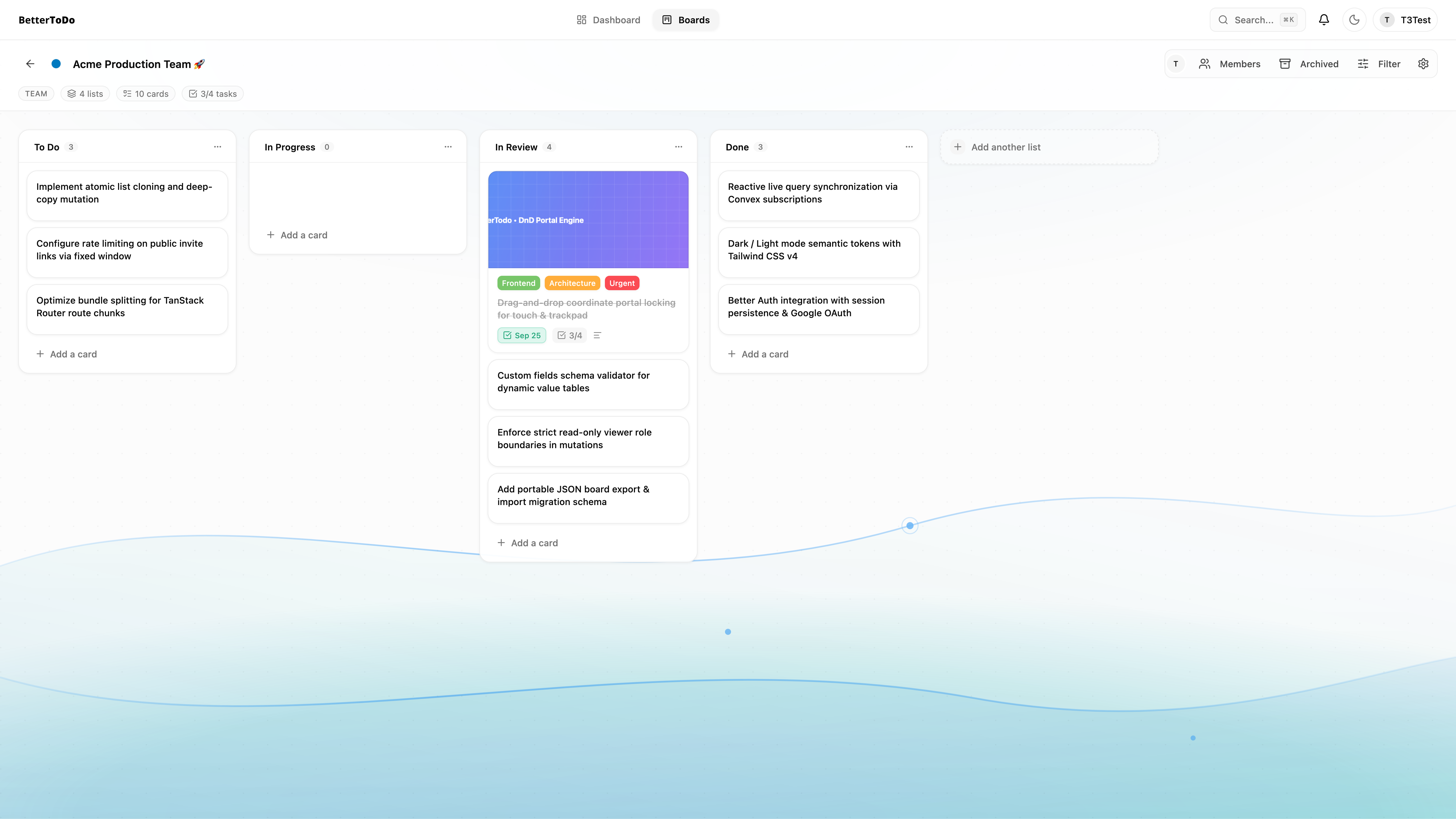 BetterTodo Multi-Column Kanban Board with customizable workflow lists, labels, and task cards