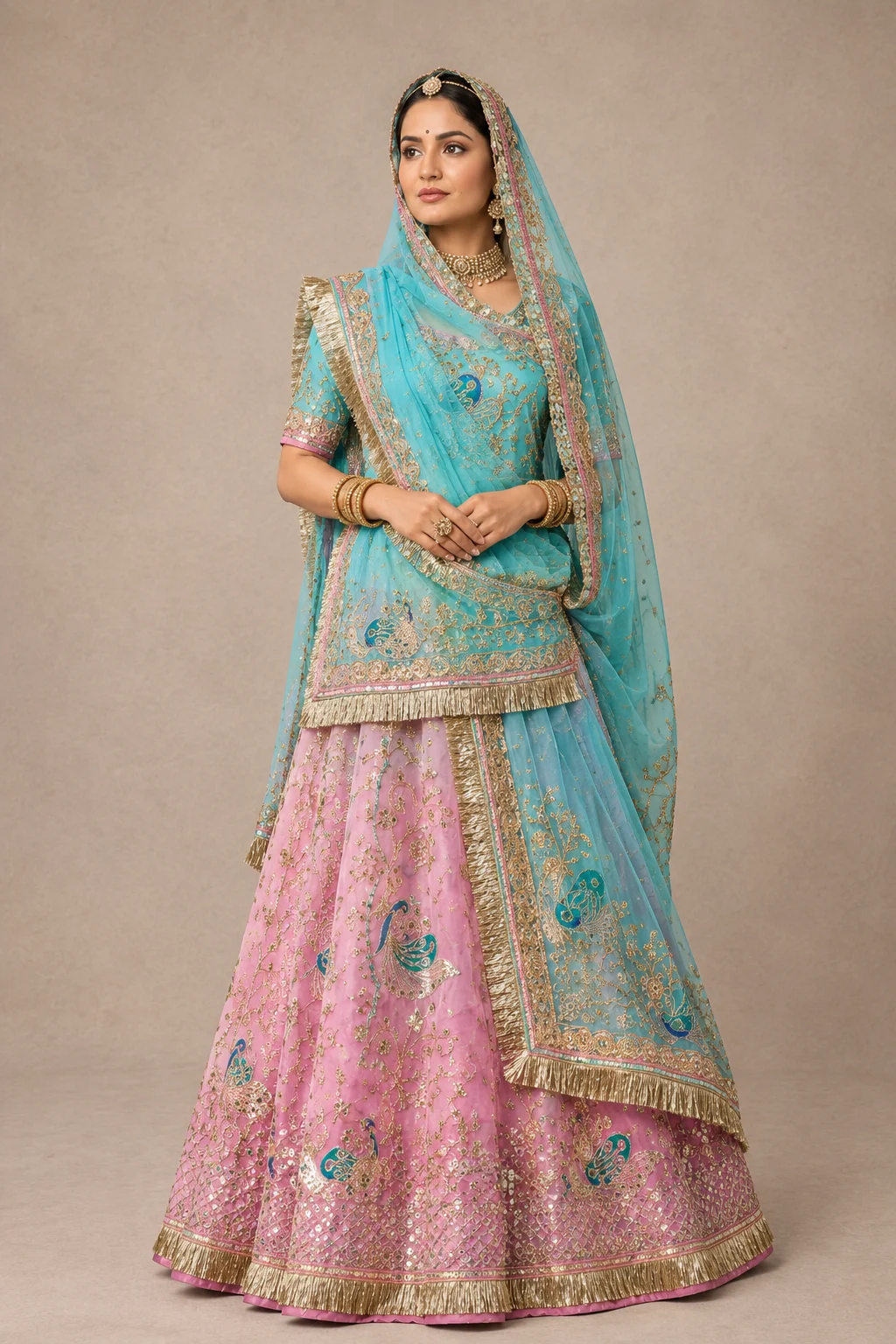Morbagh Poshak Rajputi poshak – Pure Georgette & Satin Magji with Handcrafted Peacock Gotapatti, Kasab Zari & Dabka