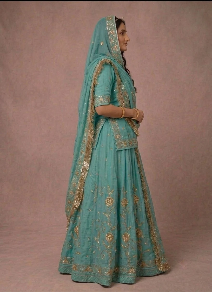 Neelam Turquoise Poshak Rajputi poshak – bamber satan material and ,hamrahi pure odhani with Handcrafted Gota Patti & Zari Bel – view 3