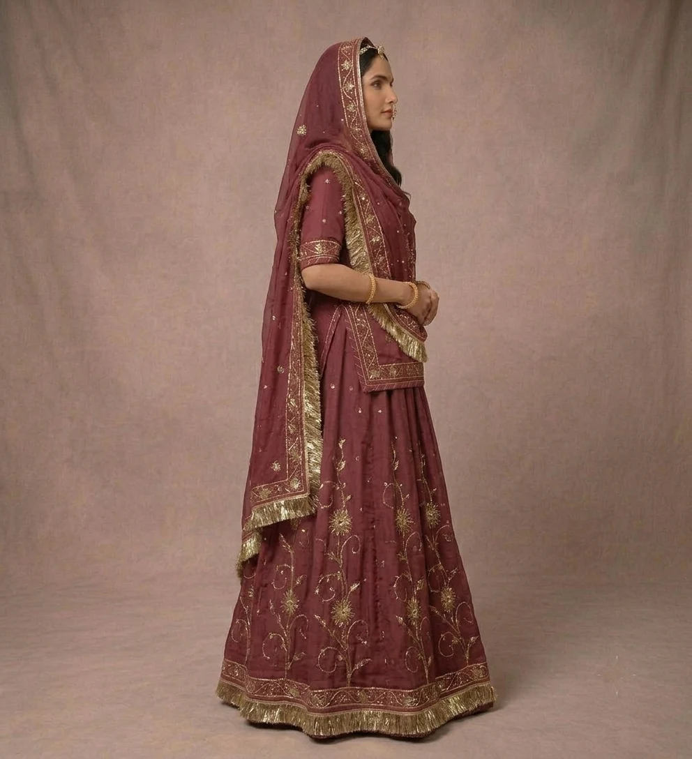 Rani Maroon Poshak Rajputi poshak – Pure Georgette & Brocade with Danka, Marodi & Zardozi Handwork – view 3