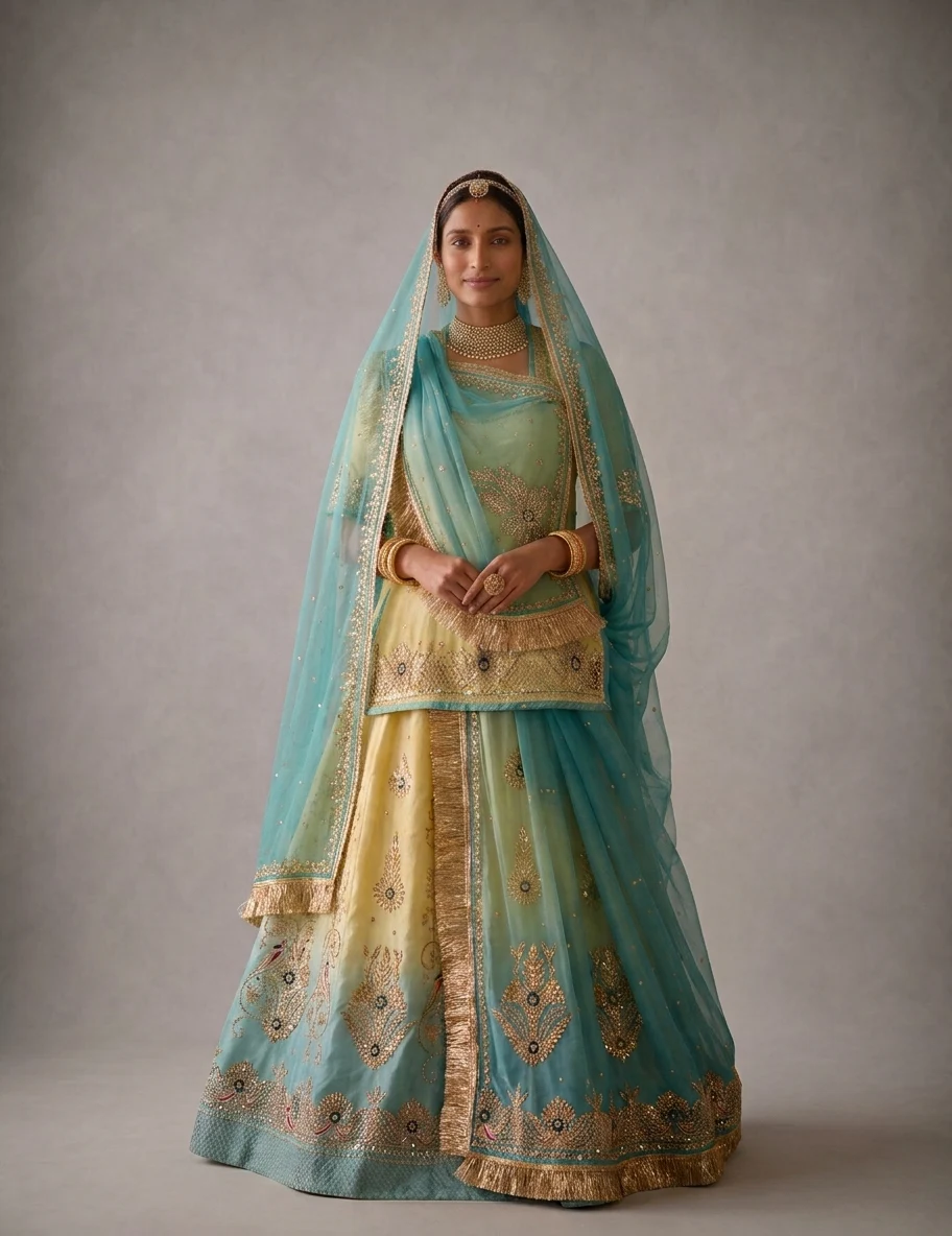 Aqua Pista Poshak Rajputi poshak – Pure Georgette & Satin Magji with Handcrafted Gota Patti & Kasab Zari