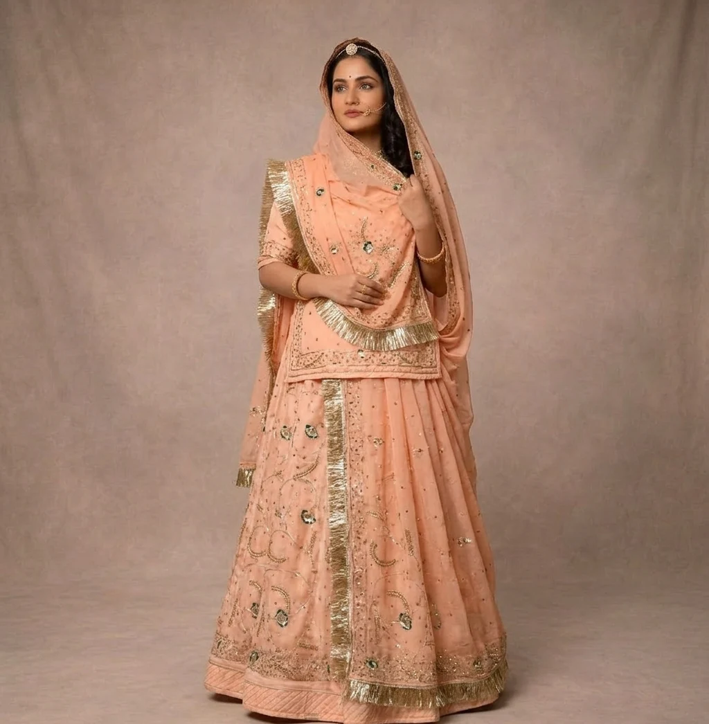 Peach Kundan Poshak Rajputi poshak – Half Pure Fabric with Kundan Work