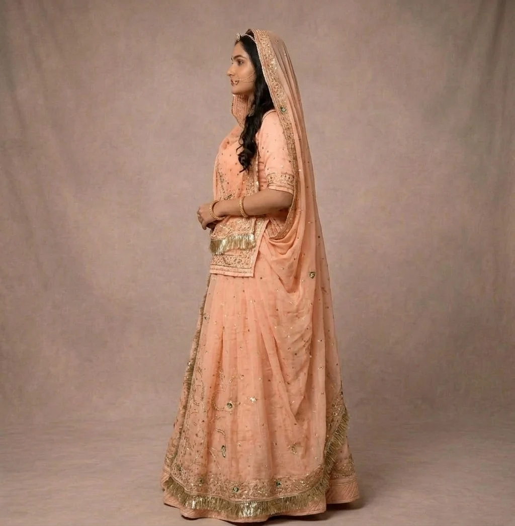 Peach Kundan Poshak Rajputi poshak – Half Pure Fabric with Kundan Work – view 2