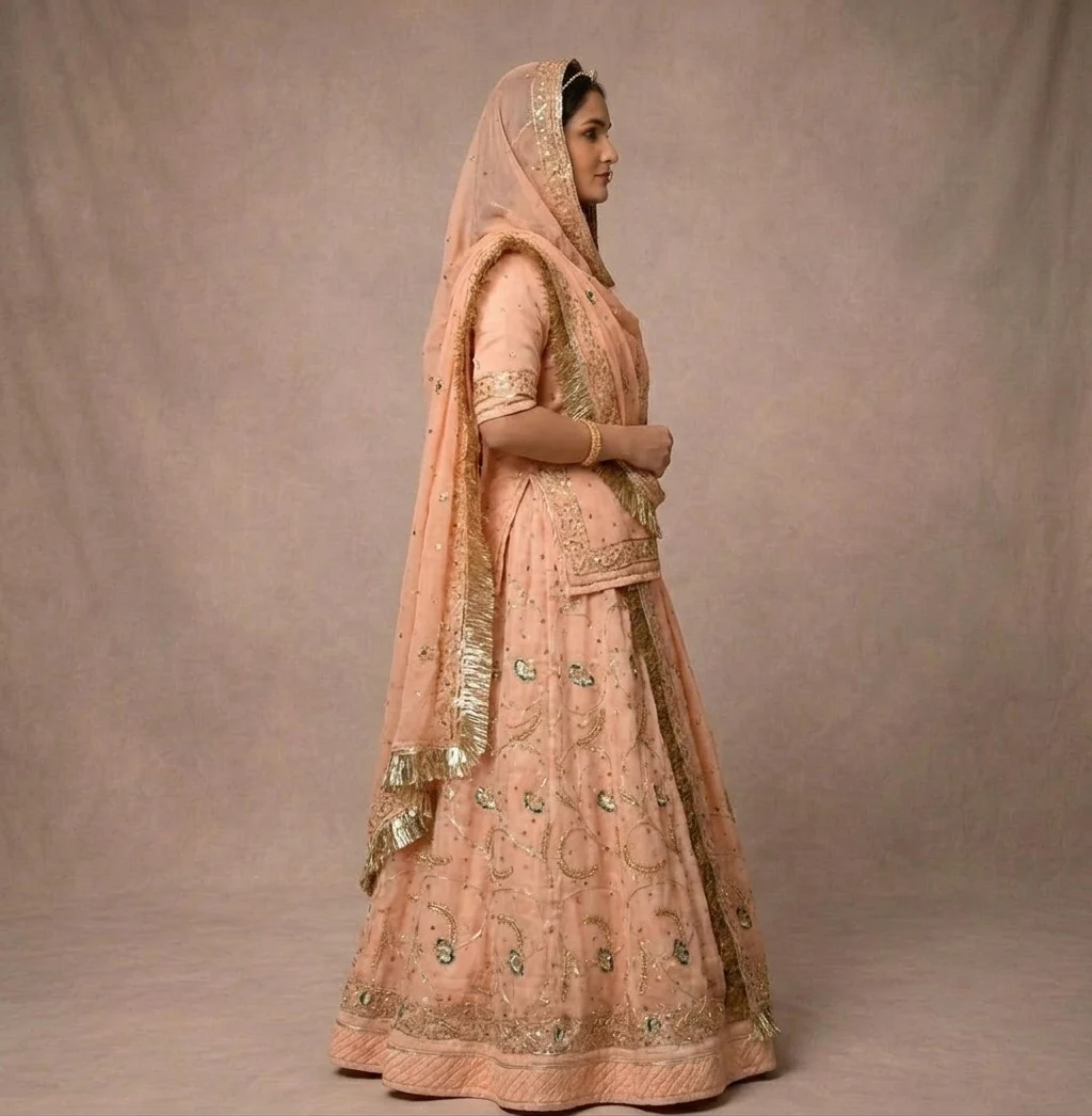 Peach Kundan Poshak Rajputi poshak – Half Pure Fabric with Kundan Work – view 3
