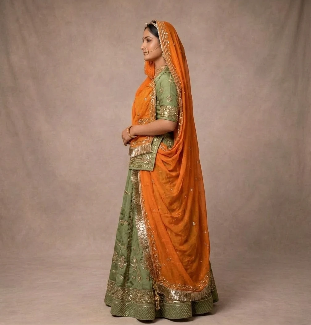 Pista Yellow Odhna Poshak Rajputi poshak – Pure Georgette with Zardozi & Kundan Work – view 2
