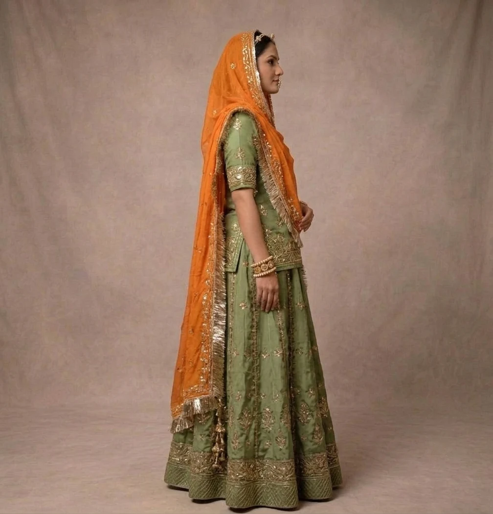 Pista Yellow Odhna Poshak Rajputi poshak – Pure Georgette with Zardozi & Kundan Work – view 3