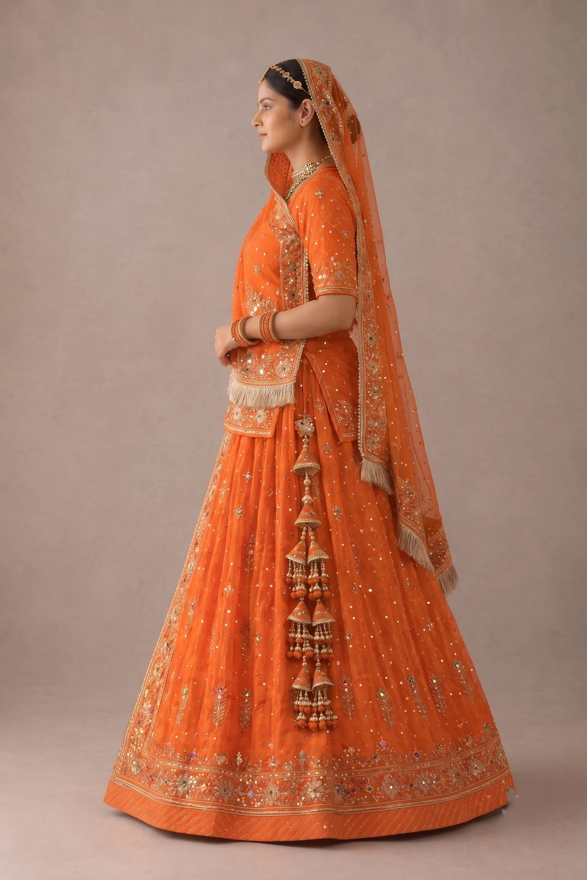 Kesariya Utsav Poshak Rajputi poshak – georgette material with Danka Handwork, Zardozi & Ancestral Gota Patti – view 2