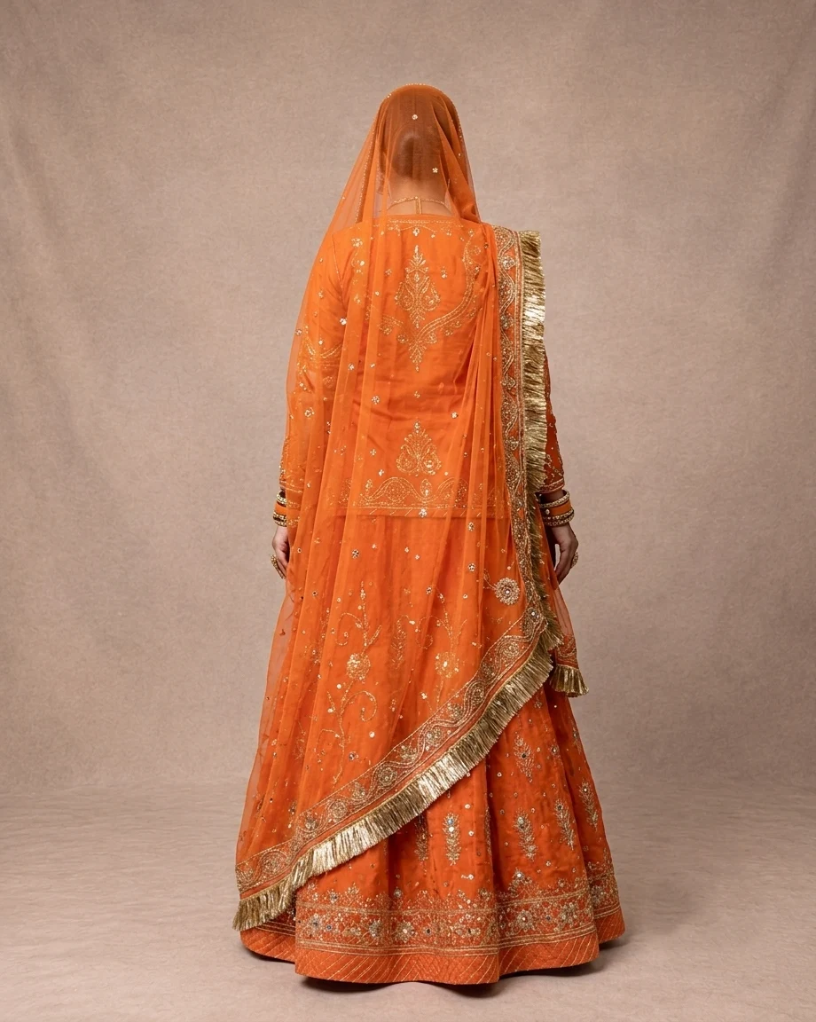 Kesariya Utsav Poshak Rajputi poshak – georgette material with Danka Handwork, Zardozi & Ancestral Gota Patti – view 3