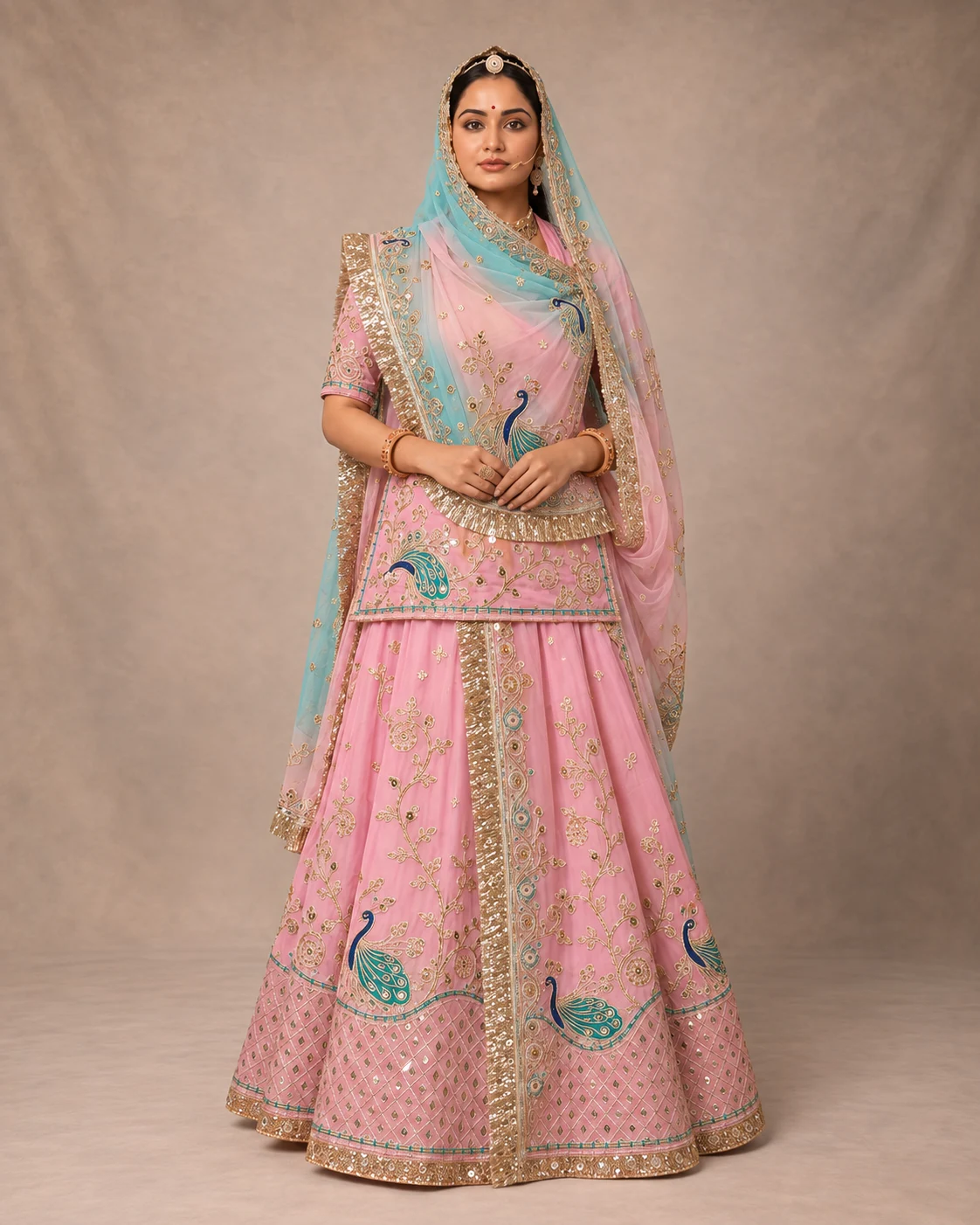 Morni Rang Poshak Rajputi poshak – half pure material and pure chiffon material with Dense Zardozi, Real Gotapatti & Marodi Work