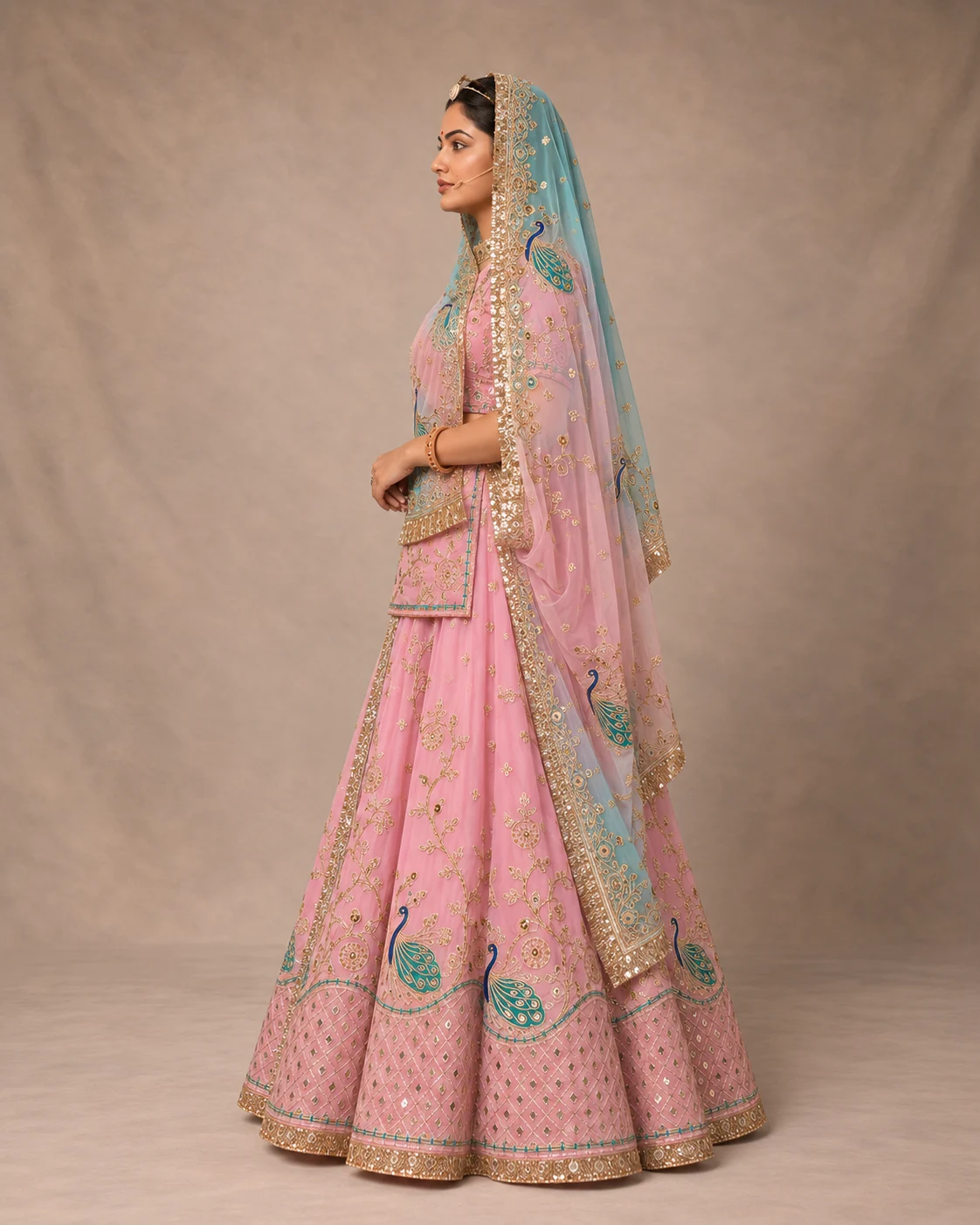 Morni Rang Poshak Rajputi poshak – half pure material and pure chiffon material with Dense Zardozi, Real Gotapatti & Marodi Work – view 2