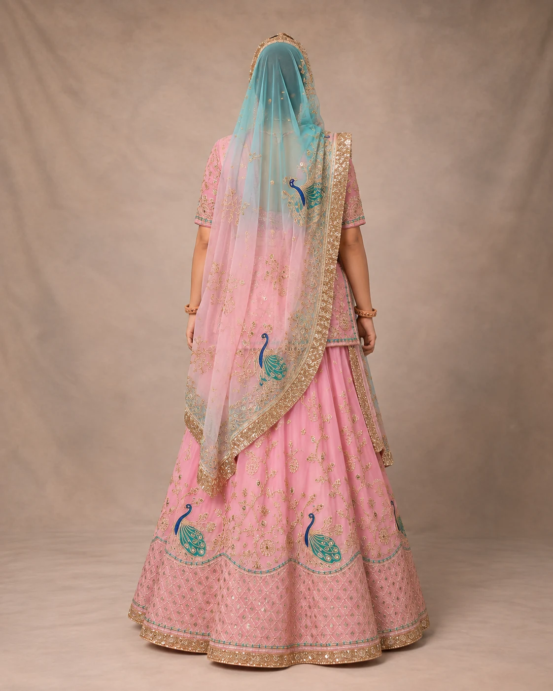 Morni Rang Poshak Rajputi poshak – half pure material and pure chiffon material with Dense Zardozi, Real Gotapatti & Marodi Work – view 3