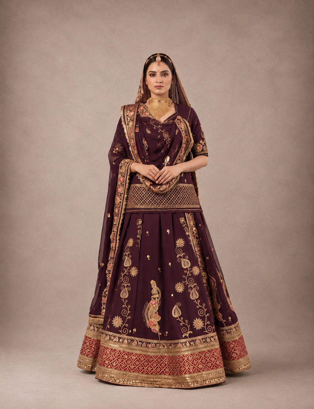 Rajsi Maroon Poshak Rajputi poshak – vintage material with Handcrafted Gotapatti, Dabka & Antique Kasab