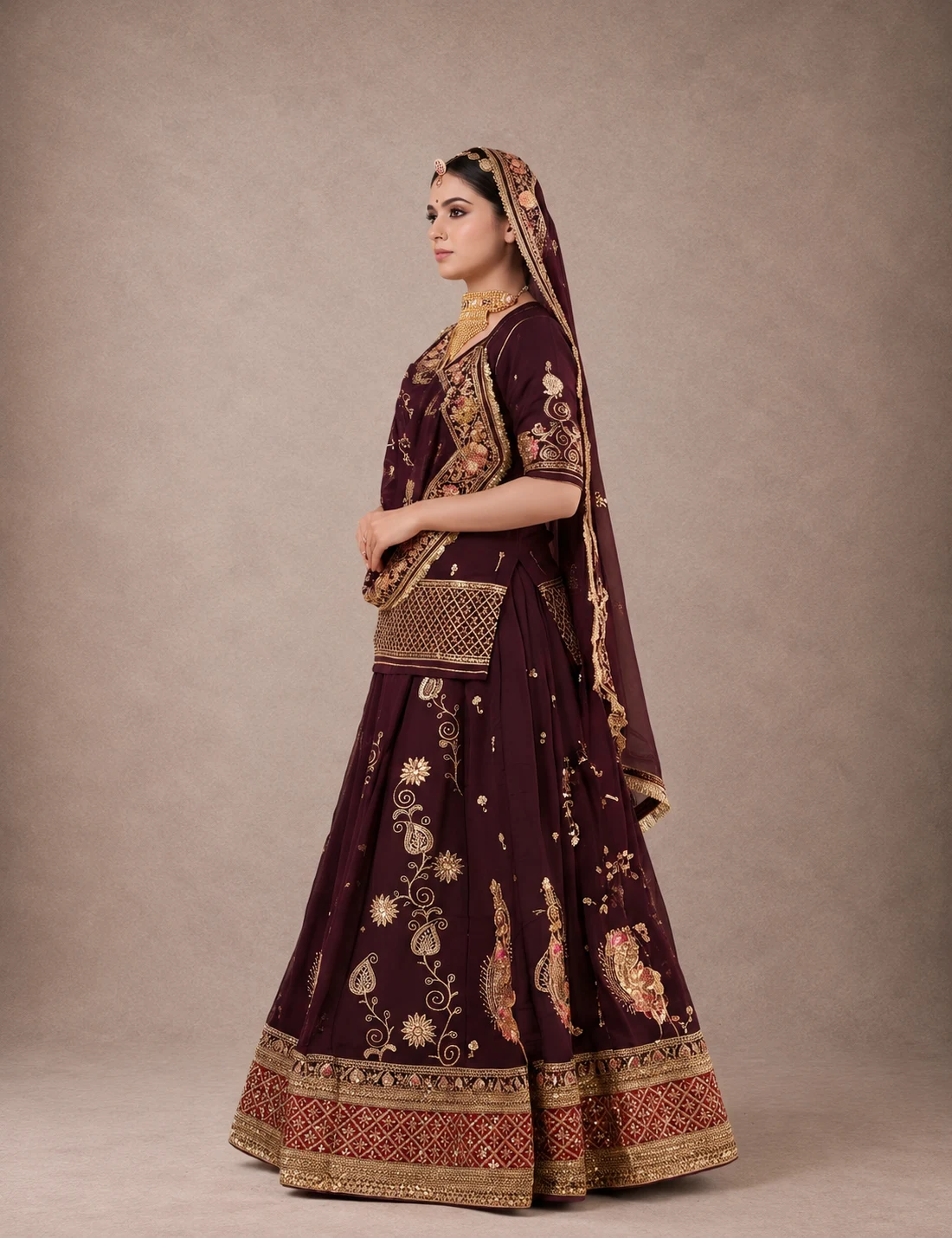 Rajsi Maroon Poshak Rajputi poshak – vintage material with Handcrafted Gotapatti, Dabka & Antique Kasab – view 2