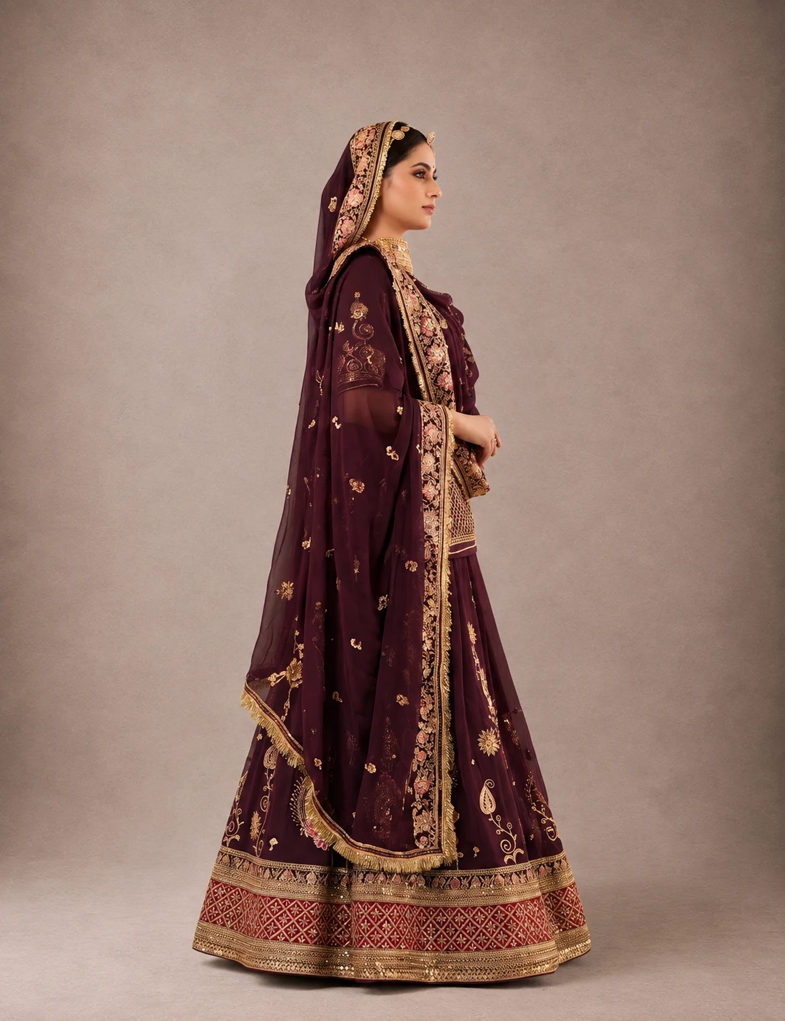 Rajsi Maroon Poshak Rajputi poshak – vintage material with Handcrafted Gotapatti, Dabka & Antique Kasab – view 3
