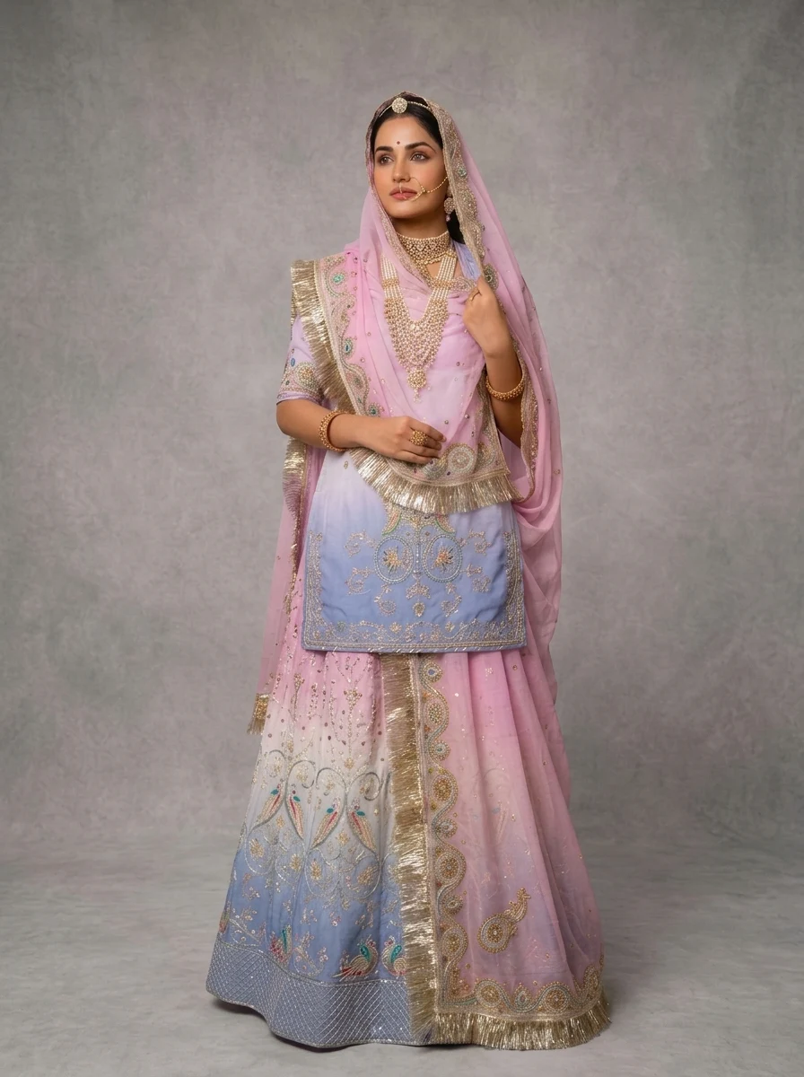 Gulabi Neelam Poshak Rajputi poshak – half pure material and pure chiffon material with Intricate Peacock Jaal & Shimmering Gotapatti