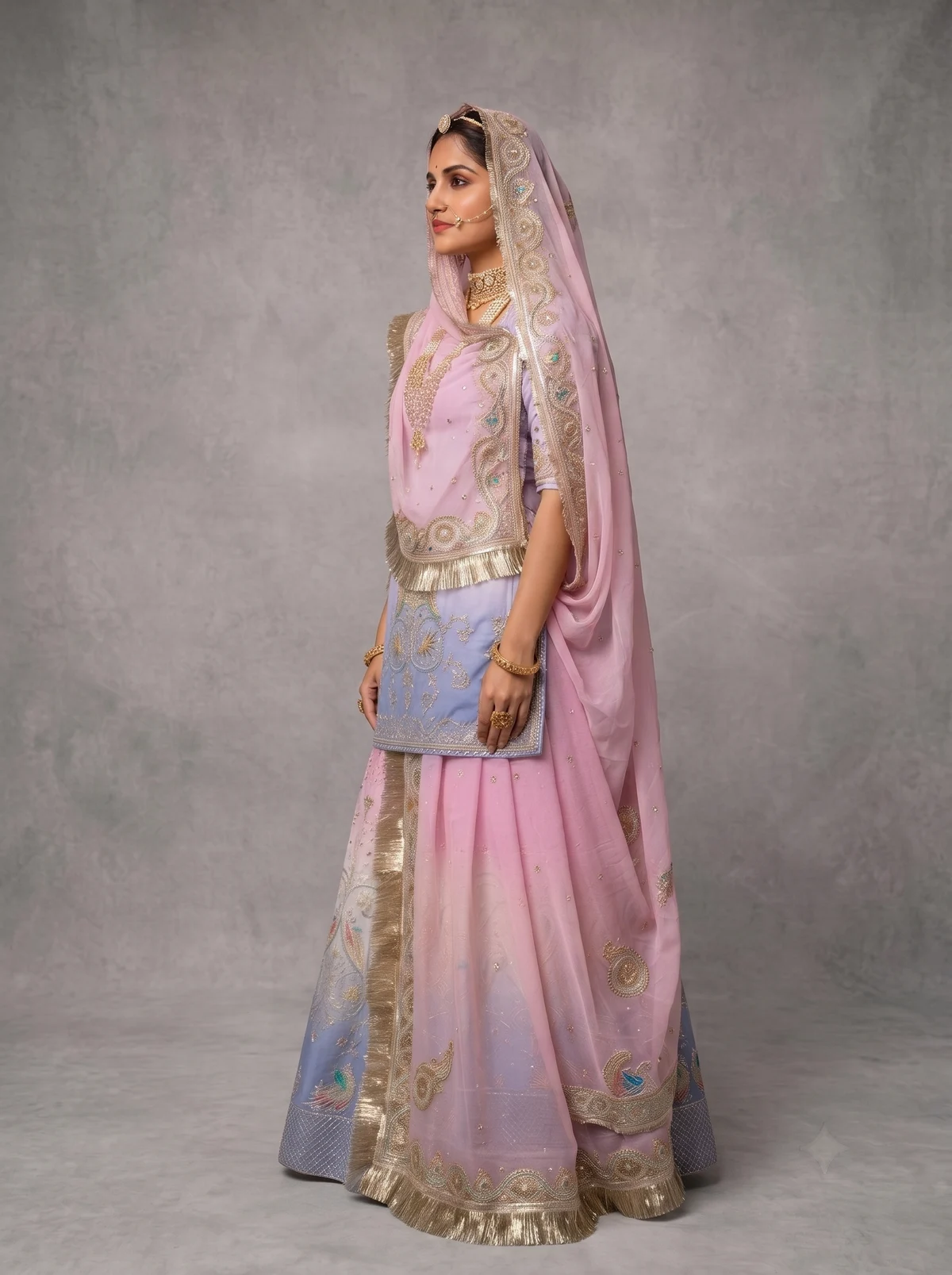 Gulabi Neelam Poshak Rajputi poshak – half pure material and pure chiffon material with Intricate Peacock Jaal & Shimmering Gotapatti – view 2