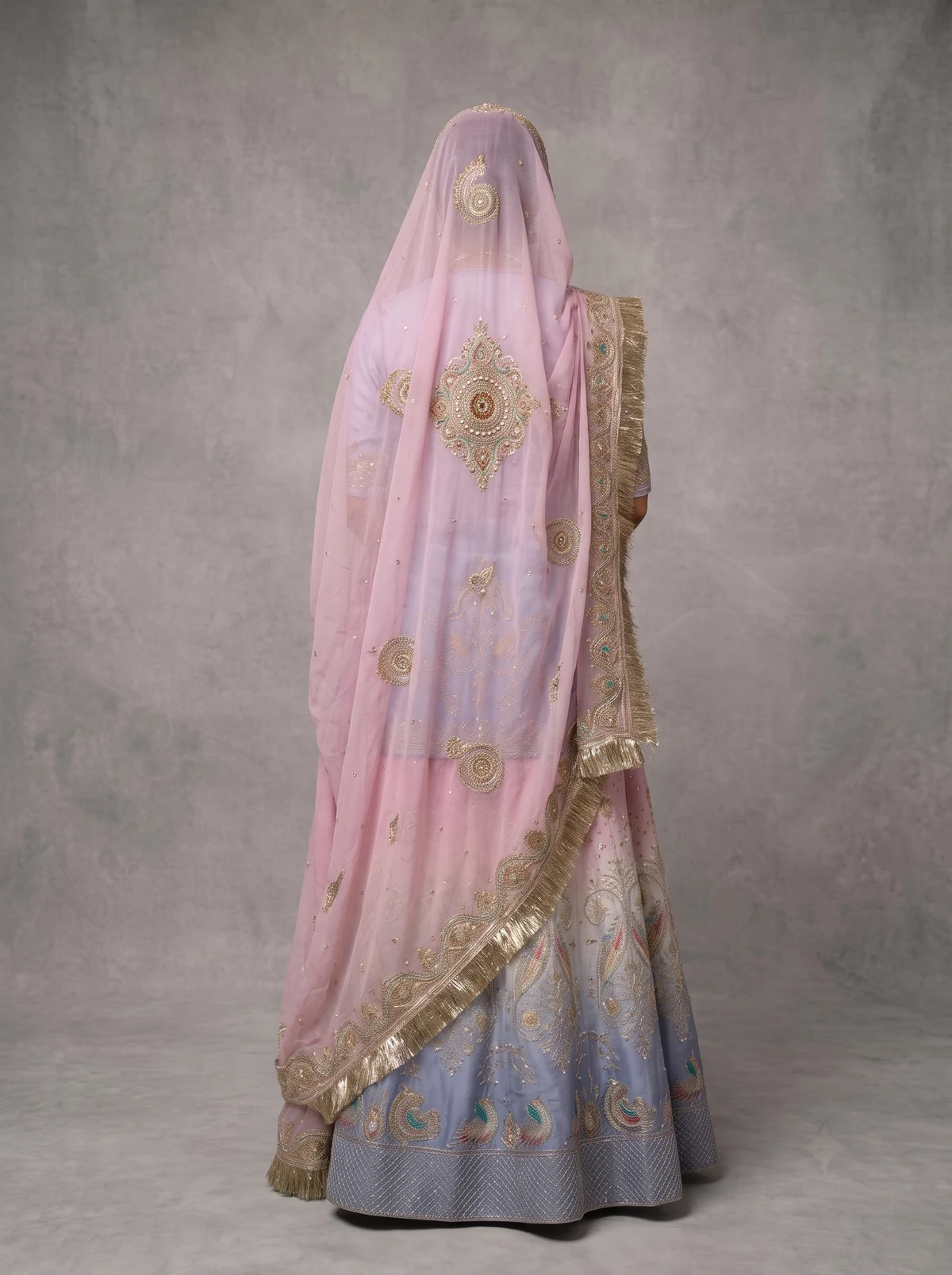 Gulabi Neelam Poshak Rajputi poshak – half pure material and pure chiffon material with Intricate Peacock Jaal & Shimmering Gotapatti – view 3