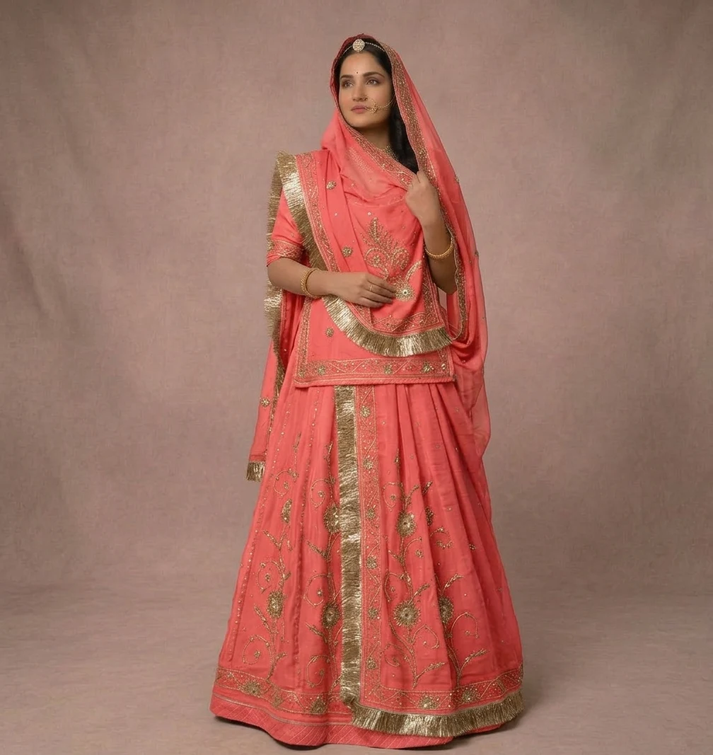 Gulabi Poshak Rajputi poshak – Half-Pure Fabric with Kundan & Zardozi Work
