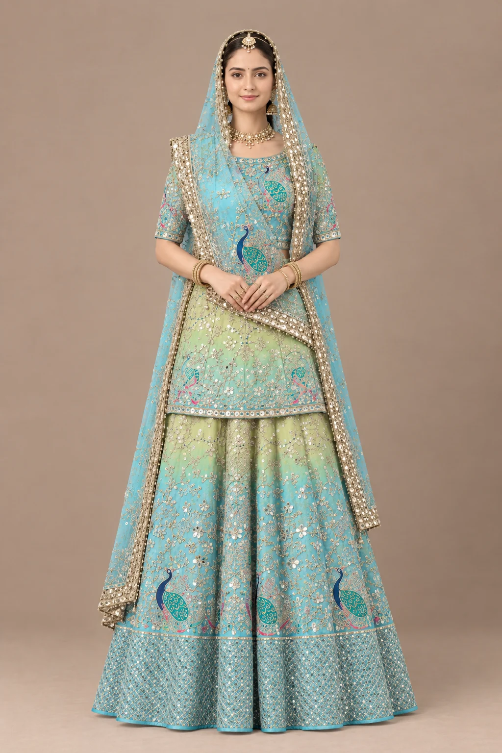 Neelkanth Mor Poshak Rajputi poshak – Half-Pure Fabric & Pure Chiffon with Pure Zari & Kundan Work