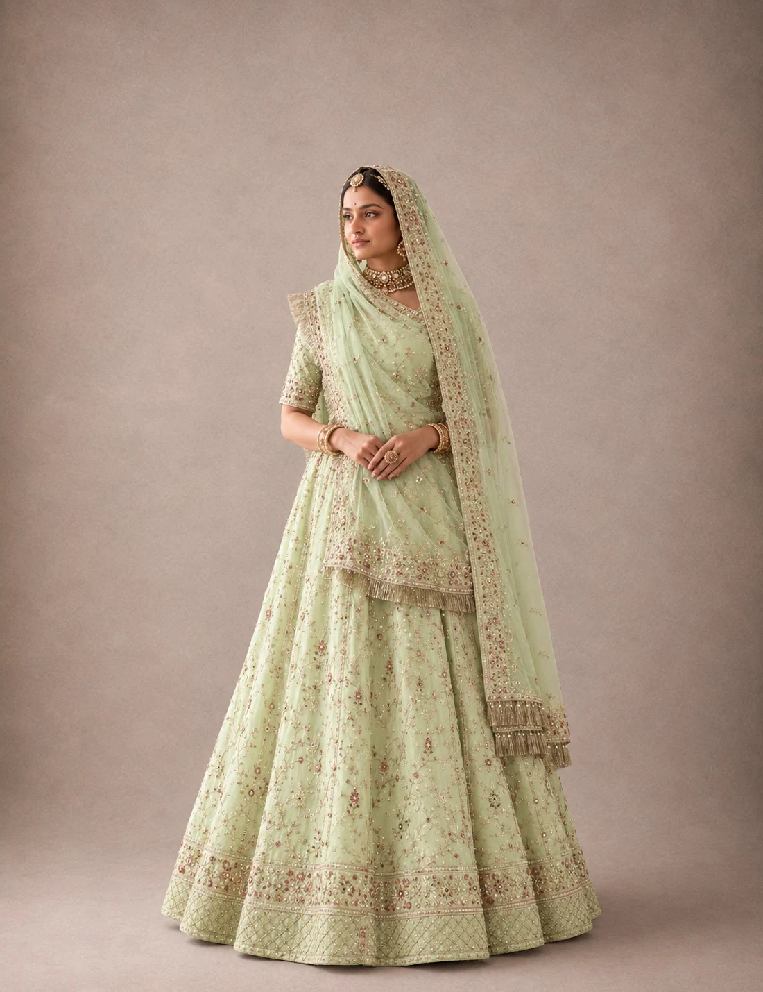 Pista Gulab Poshak Rajputi poshak – Half-Pure Fabric with Kundan Work