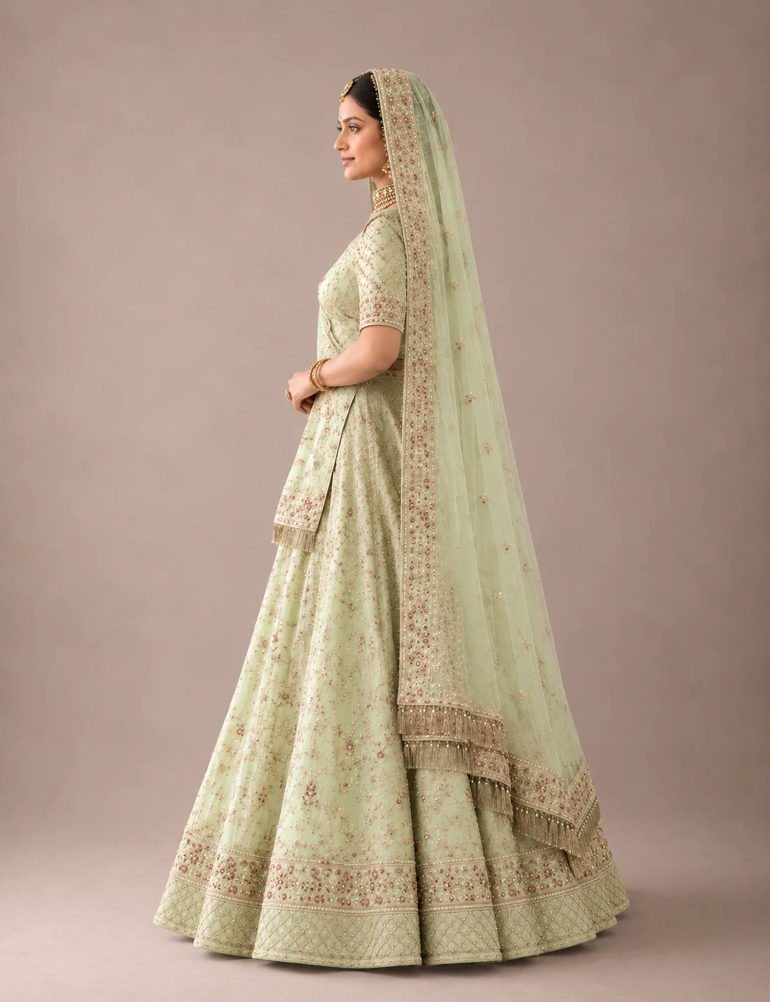 Pista Gulab Poshak Rajputi poshak – Half-Pure Fabric with Kundan Work – view 2