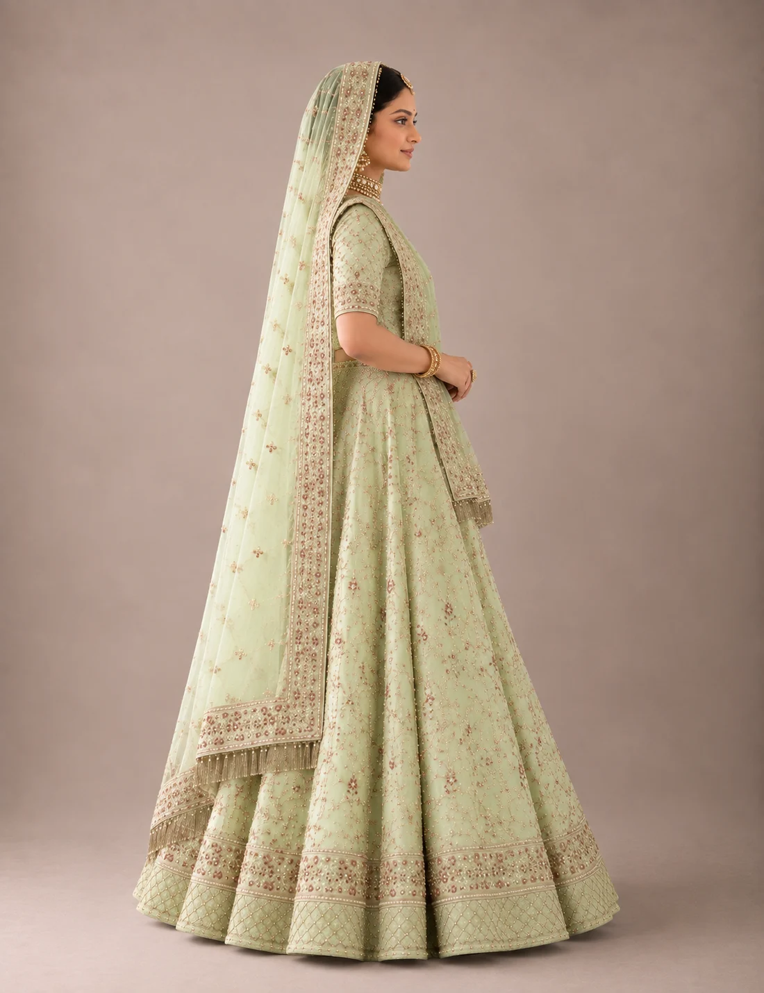 Pista Gulab Poshak Rajputi poshak – Half-Pure Fabric with Kundan Work – view 3