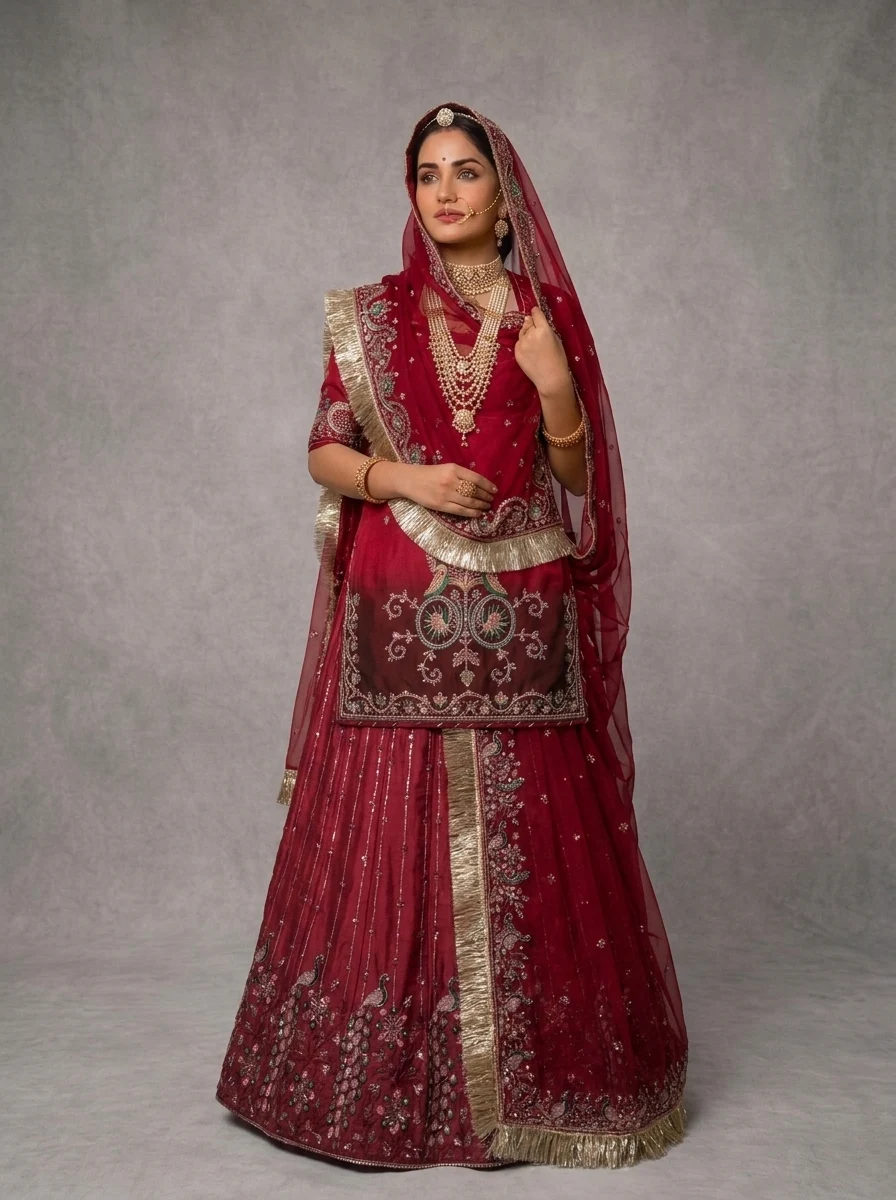 Rani Crimson Poshak Rajputi poshak – Pure Georgette & Brocade with Bridal Zardozi, Marodi & Heavy Kiran