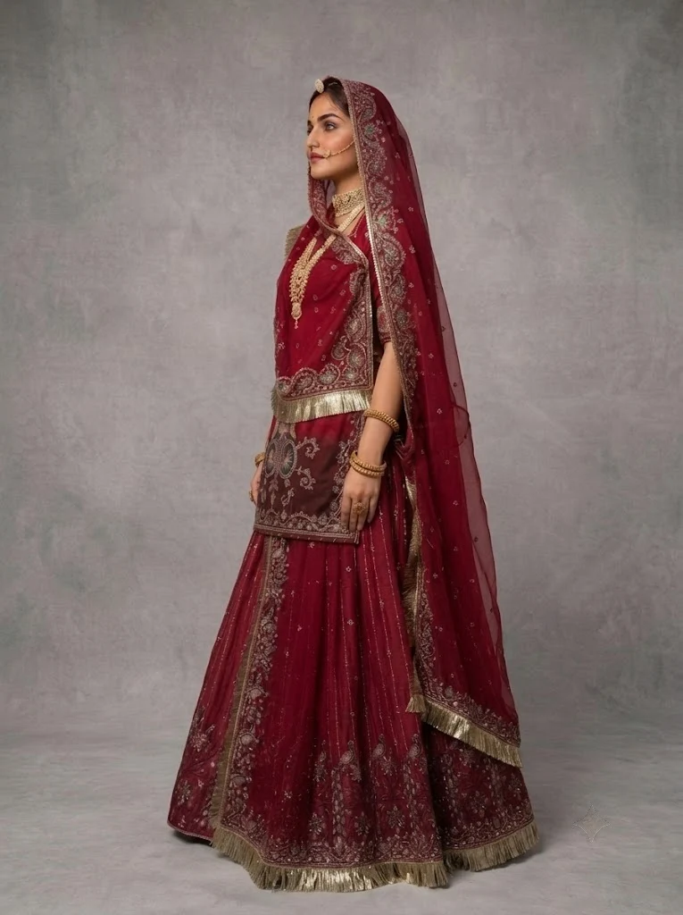 Rani Crimson Poshak Rajputi poshak – Pure Georgette & Brocade with Bridal Zardozi, Marodi & Heavy Kiran – view 2