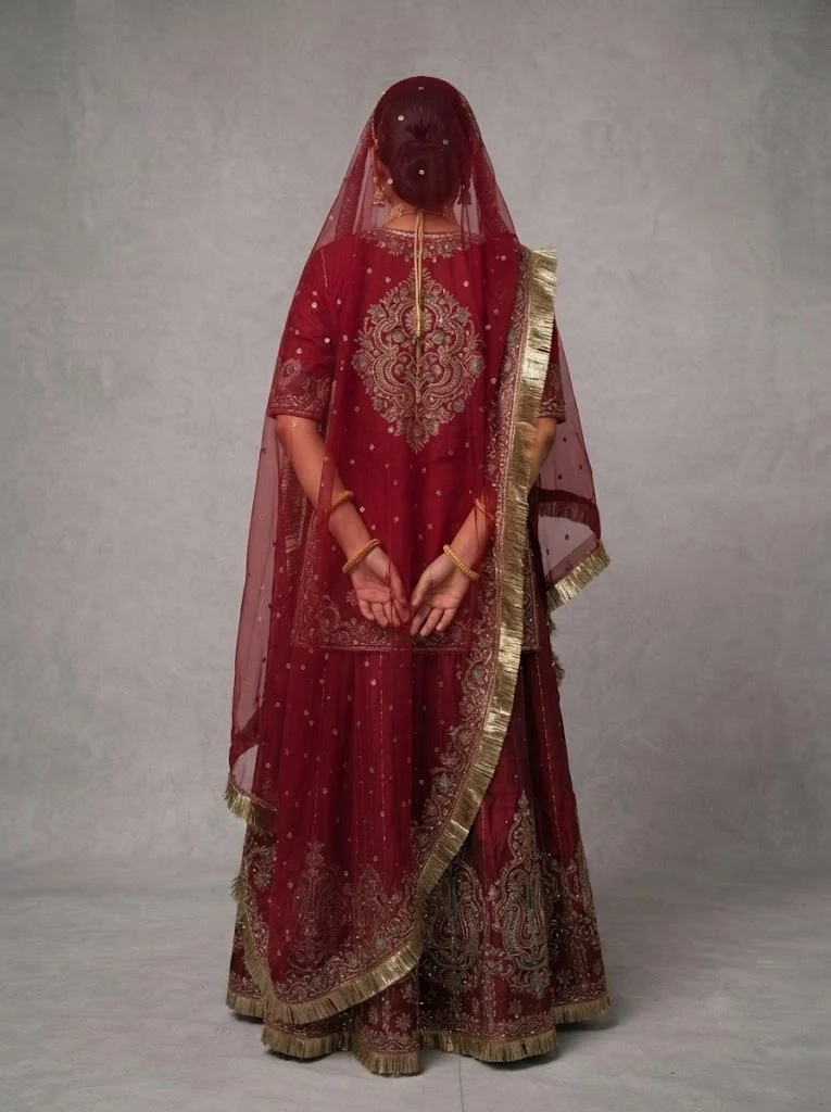 Rani Crimson Poshak Rajputi poshak – Pure Georgette & Brocade with Bridal Zardozi, Marodi & Heavy Kiran – view 3