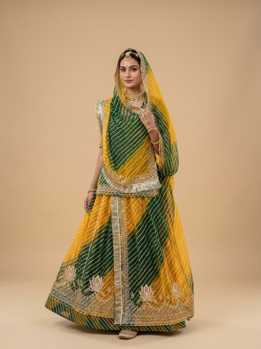 Hari Kesariya Leheriya Semi Stitched Poshak Rajputi poshak – Premium Royal Pure Fabric with Heavy Fancy Barik Zari Work with Stone Work