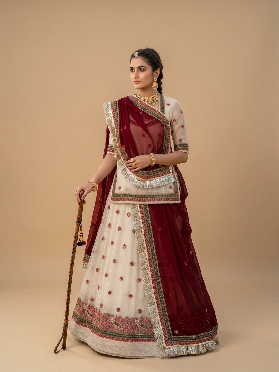 Rajrani Maroon Ivory Semi Stitched Poshak Rajputi poshak – Fandy Fabric with Heavy Zari Multi Work Border with Diamond Work