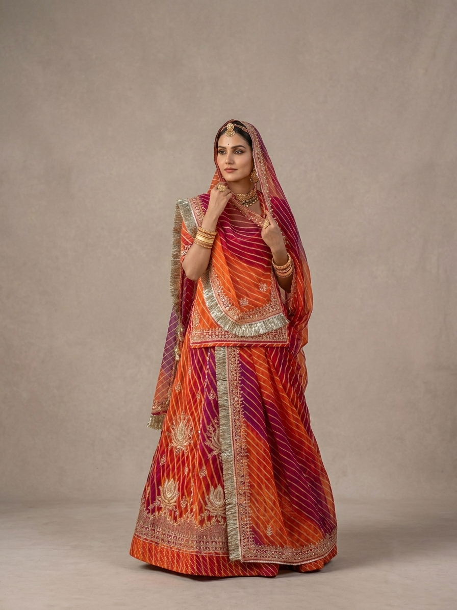 Surkh Kesariya Leheriya Semi Stitched Poshak Rajputi poshak – Premium Royal Pure Fabric with Heavy Fancy Barik Zari Work with Stone Work