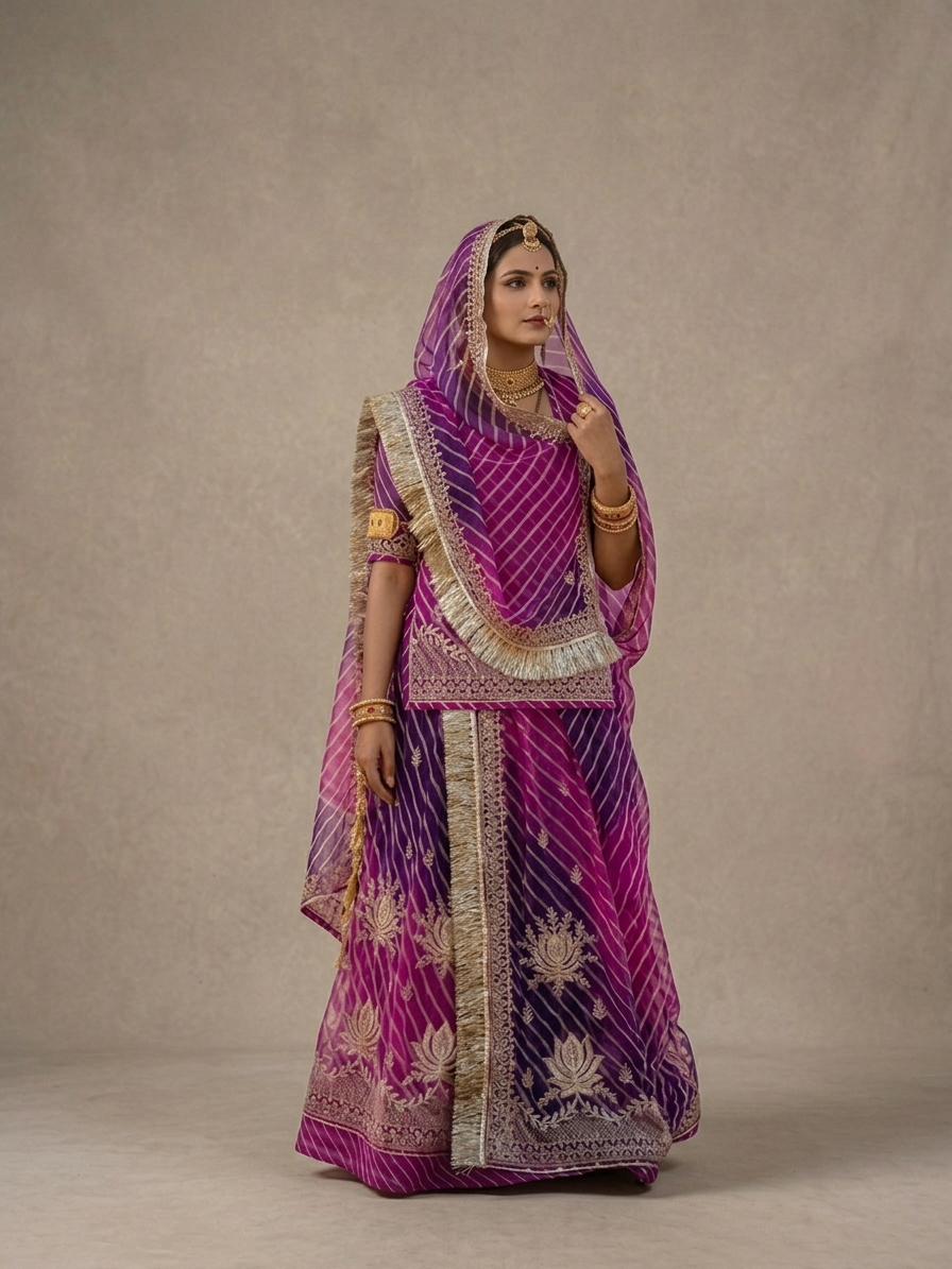 Baingani Gulnaar Leheriya Semi Stitched Poshak Rajputi poshak – Premium Royal Pure Fabric with Heavy Fancy Barik Zari Work with Stone Work