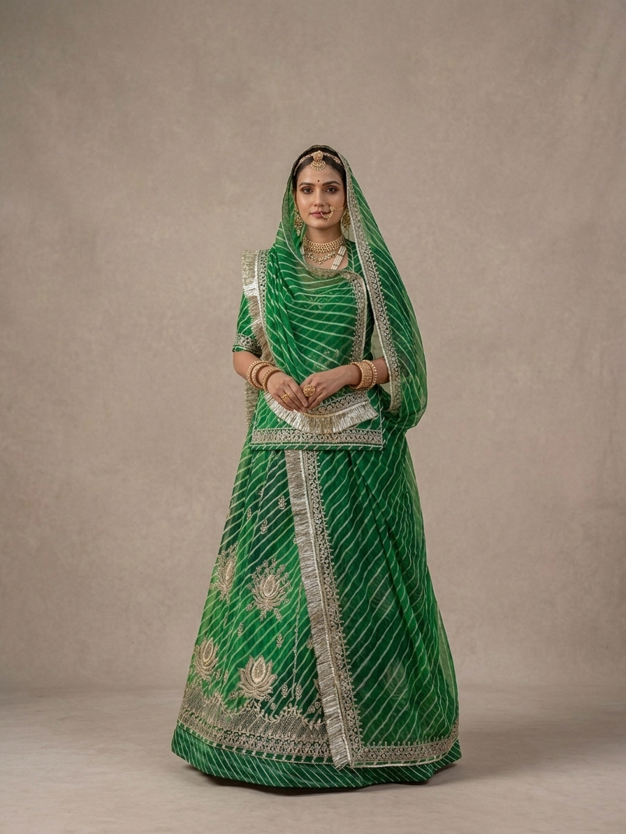 Panna Leheriya Semi Stitched Poshak Rajputi poshak – Premium Royal Pure Fabric with Heavy Fancy Barik Zari Work with Stone Work