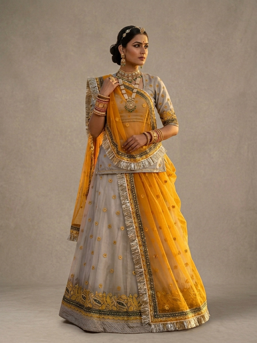 Kesari Noor Semi Stitched Poshak Rajputi poshak – Fandy Fabric with Heavy Zari Multi Work Border with Diamond Work