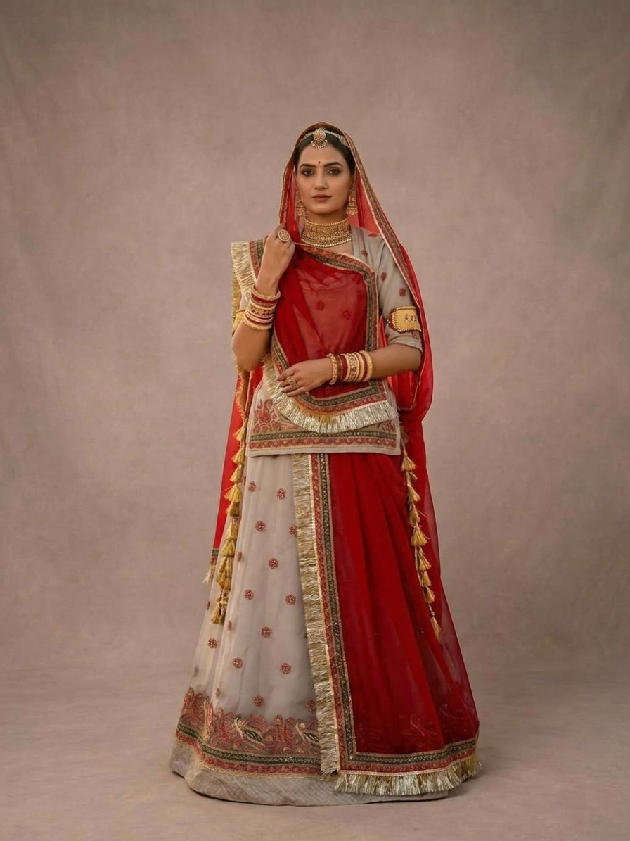 Laal Mahal Semi Stitched Poshak Rajputi poshak – Fandy Fabric with Heavy Zari Multi Work Border with Diamond Work