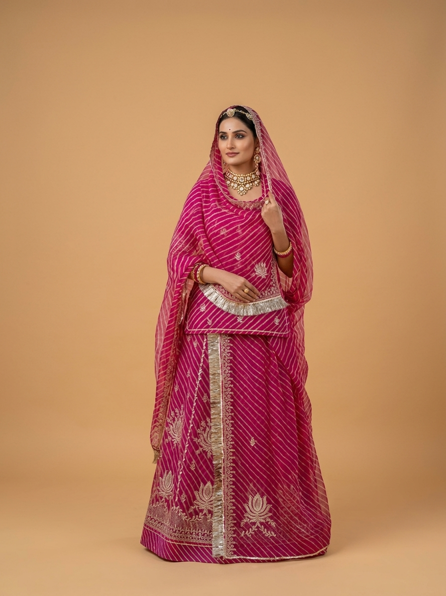 Gulnaar Leheriya Semi Stitched Poshak Rajputi poshak – Premium Royal Pure Fabric with Heavy Fancy Barik Zari Work with Stone Work