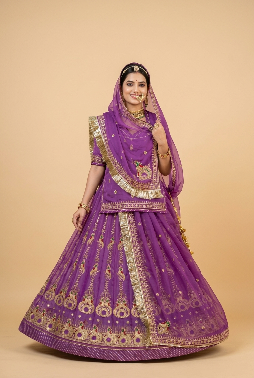 Jamuni Mor Semi Stitched Poshak Rajputi poshak – Half-Pure Fabric with Heavy Zari Work with Stone Touch