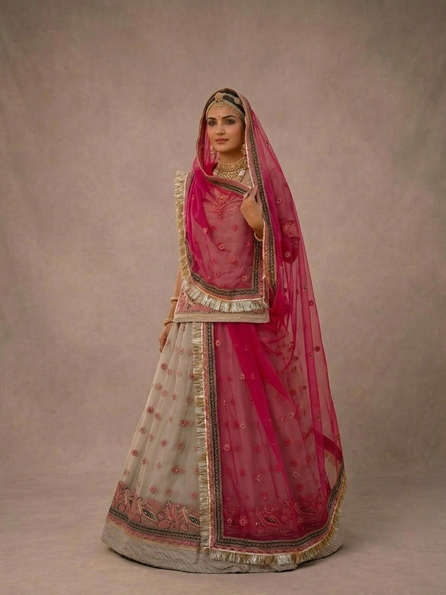 Rani Sa Gulabi Semi Stitched Poshak Rajputi poshak – Fandy Fabric with Heavy Zari Multi Work Border with Diamond Work