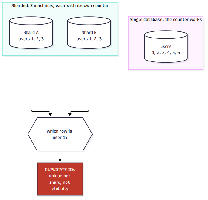 Diagram: two database shards, each with an auto-increment counter. Shard A shows rows with IDs 1, 2, 3; Shard B shows rows with IDs 1, 2, 3. A red collision burst between them labeled "duplicate IDs — unique per shard, not globally." Below, a single database with IDs 1–6, labeled "one machine: the counter works perfectly."