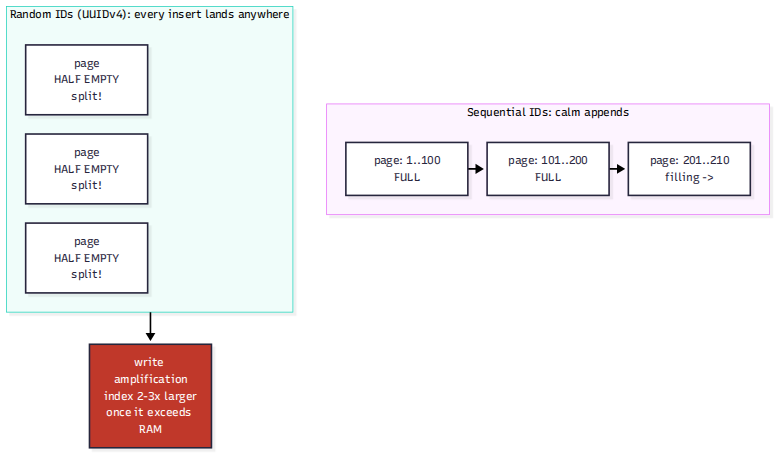 Diagram of B-tree pages. Top, sequential inserts: pages fill left to right, dense and full, new rows append at the end — "calm appends, dense pages." Bottom, random inserts: pages half-empty and fragmented, arrows showing splits — "every insert lands randomly; full pages split; the tree becomes Swiss cheese."