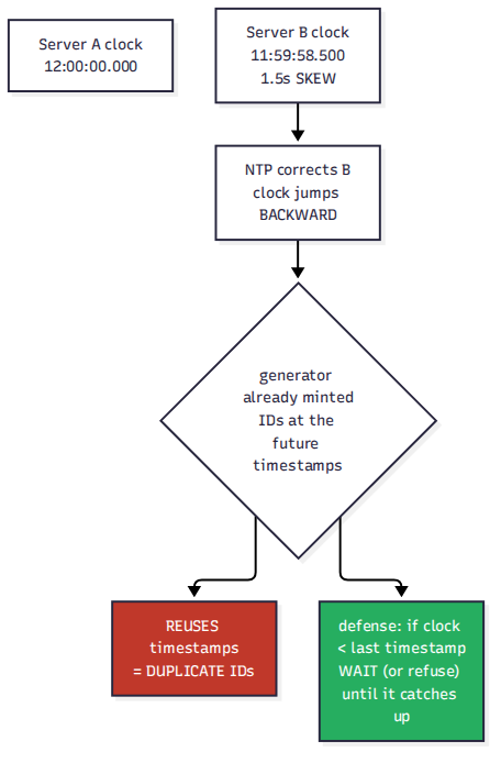 Diagram: two servers with clocks. Server A's clock reads 12:00:00.000, Server B's reads 11:59:58.500 — "skew: 1.5 seconds apart." An NTP arrow corrects B's clock backward, with a warning: "clock stepped BACK — the generator reuses timestamps it already minted → duplicate IDs." Below: the defense — "never go backward: if clock < last timestamp, wait (or refuse) until it catches up."