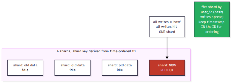 Diagram: four shards in a row. All write arrows converge on the newest shard ("now"), which glows red-hot; the other three sit idle. Label: "time-ordered IDs + ID-derived range shard key = every write hits one shard." Below, the fix: "shard by user_id (hash) — writes spread; keep the timestamp inside the ID for ordering."