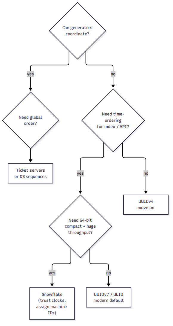 Flowchart: "Do generators coordinate?" → Yes → "Need global order?" → ticket servers / DB sequences. → No → "Need time-ordering for index/API?" → Yes → "Need 64-bit compact?" → Snowflake; else UUIDv7/ULID. → No (order doesn't matter) → UUIDv4. Every branch notes its characteristic failure mode.