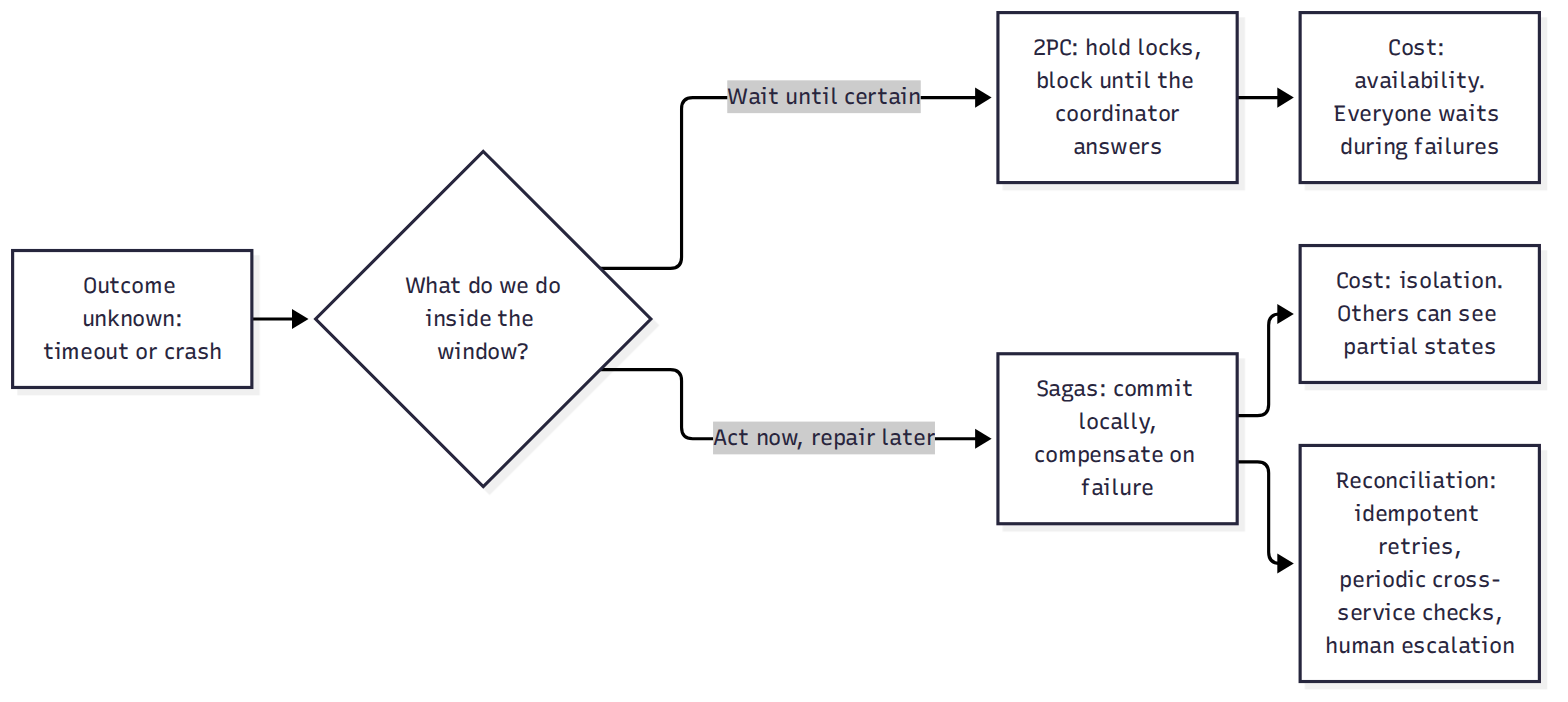 The only real choice. Neither branch removes the uncertainty; each decides who pays for it. Waiting makes the system unavailable during failures, acting makes intermediate states visible, and the repair machinery on the bottom right is what makes the second branch safe.