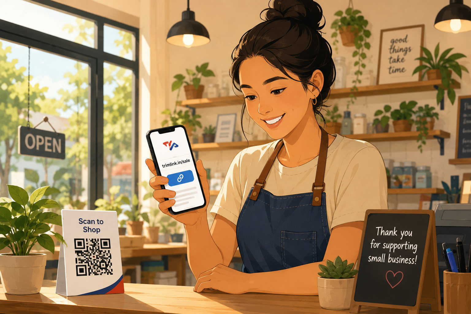 Small business owner checking a branded short link and QR code on their phone