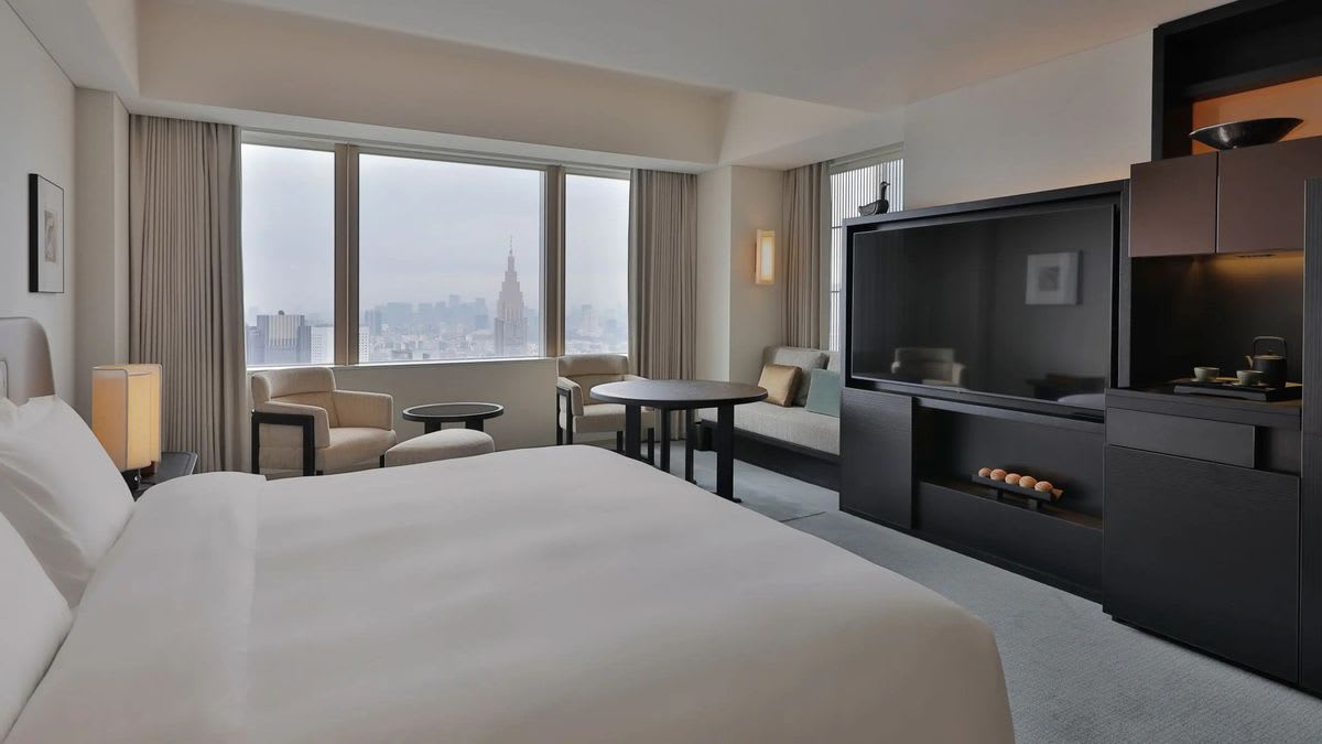An elegant room at the Park Hyatt Tokyo with city views