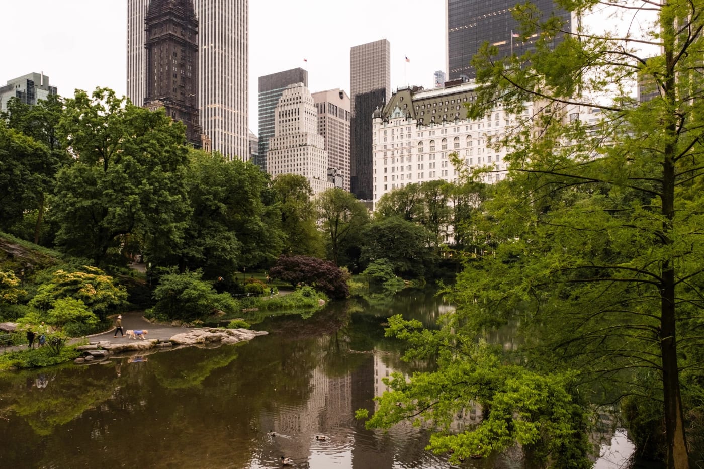 O hotel The Plaza, em Nova York, visto do lago do Central Park