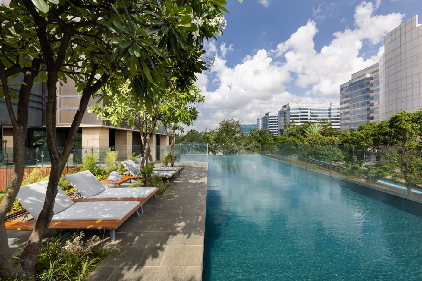 The outdoor infinity pool at The Den Bengaluru, LXR Hotels & Resorts, lined with loungers and frangipani trees facing the towers of Whitefield