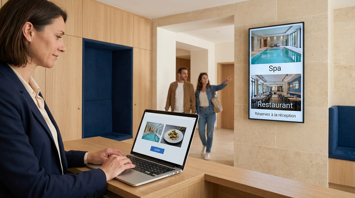 Hotel receptionist using a laptop to update content on a digital signage screen featuring the spa and the restaurant